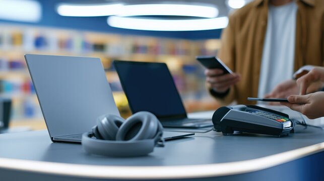 Premium electronics store checkout with a laptop and wireless headphones on the counter, while a customer pays by smartphone at a POS terminal in a modern retail interior.