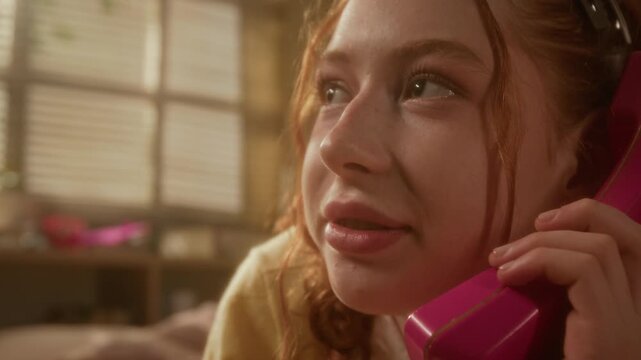 Caucasian teenage girl talking on retro pink landline telephone and blowing bubblegum bubble in bedroom. Ideal for vintage lifestyle promotions and telecom brand commercials