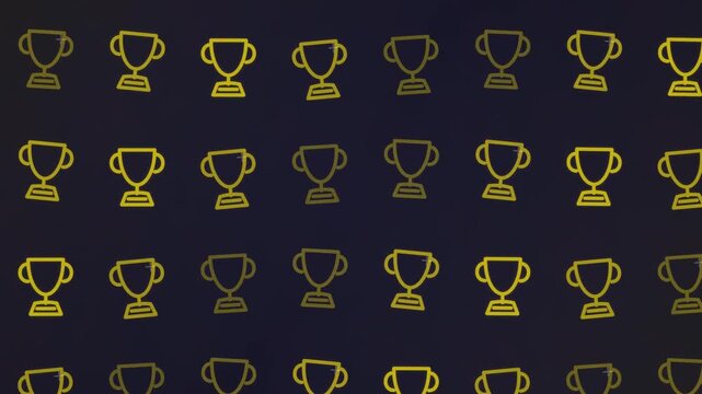 Golden hand drawn trophy icons pattern seamless motion background, yellow winner cup outline symbols on dark blue backdrop video graphic