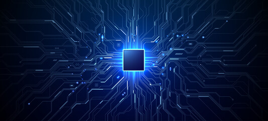 Fototapeta na wymiar AI circuit board with glowing microchip processor, showcasing semiconductor technology and digital data pathways in futuristic blue light design.