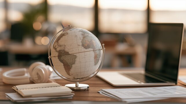 Modern translator workspace with a realistic globe, open laptop, notebook, headphones and documents on a wooden desk, symbolizing multilingual communication and international business.