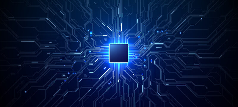 AI circuit board with glowing microchip processor, showcasing semiconductor technology and digital data pathways in futuristic blue light design.