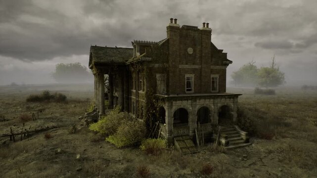 Ruined historic cottage with overgrown ivy in countryside. Derelict Romanian country home featuring sagging roof and mosscovered stone walls