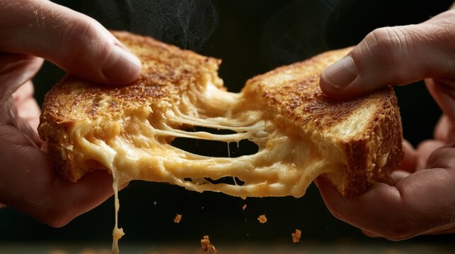 Extreme close-up of a freshly grilled cheese sandwich pulled apart by human hands, with long strands of melted cheese, crispy golden bread, crumbs and subtle steam.