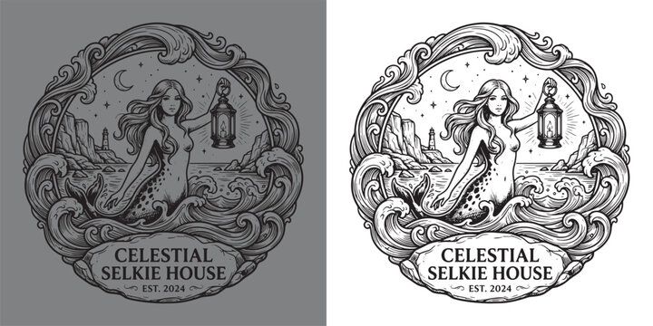 Celestial Selkie House Magical Mermaid Coastal Waves Lighthouse Lantern Badge Illustration