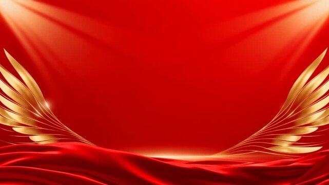 Elegant Luxury Red Background with Golden Wings and Silk Fabric for Awards and Celebration Stage