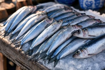 Obraz premium fresh Portuguese sardines displayed on crushed ice at a traditional fish market in the algarve, showcasing authentic Atlantic seafood and coastal cuisine