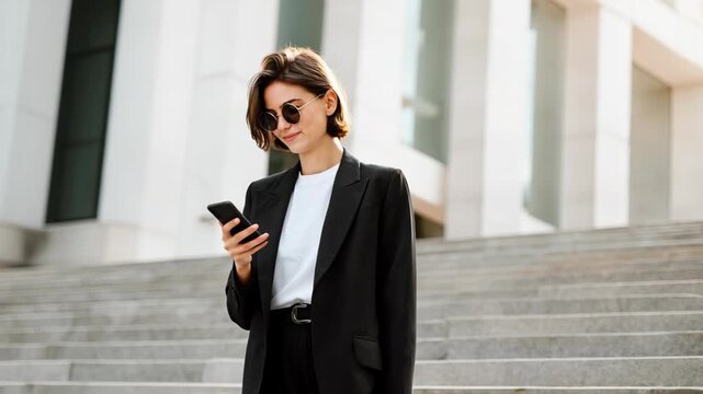 A stylish woman in a black suit and sunglasses, standing outside a modern building and looking at her phone. The sun is shining brightly, highlighting her confident demeanor