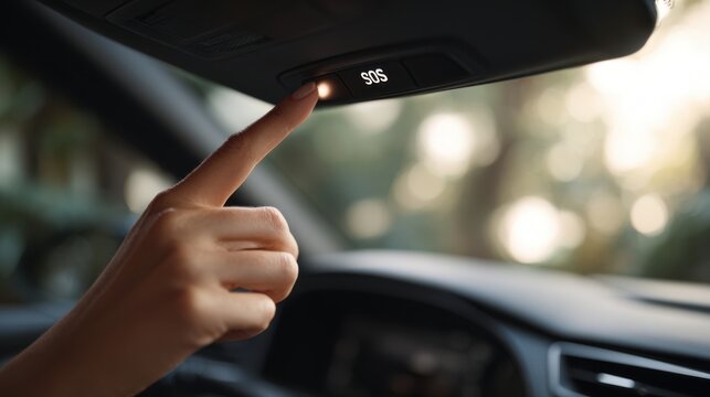 Soft light fills the car as a finger presses the illuminated SOS button on the overhead console. The focus highlights the button's iconography and design details in this modern cabin