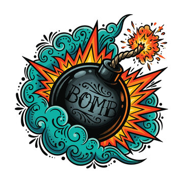 Comic Style Explosive Bomb with Flames Sparks and Smoke Vector