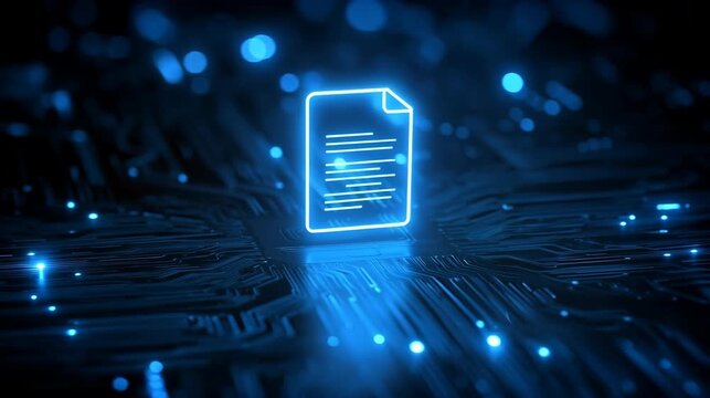 A digital document icon glowing in blue against a dark, circuit board-like background with blurred blue lights. The image represents data, technology, and information