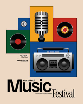 Music Festival Poster Template with Boombox and Vinyl Record Mid-Century Style