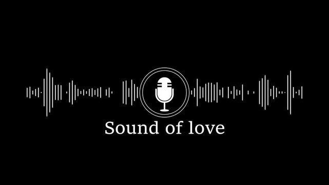 Animated audio waveform with microphone and sound of love text overlay for podcast and music branding
