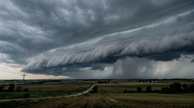 Rolling shelf cloud stretching across a moody gray sky
