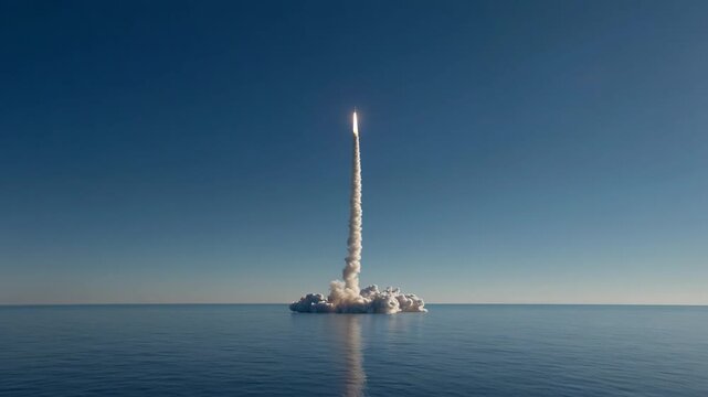 A rocket launch from the ocean, ascending into a clear blue sky amidst a plume of white smoke
