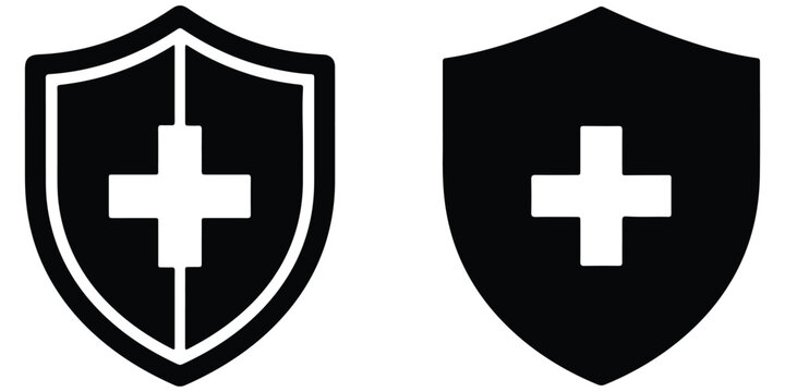Two black shield icons with medical cross symbols