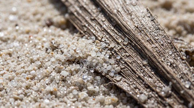 macro detail of wet white sand, glistening droplets of ocean water, and a fallen tropical palm leaf texture. A stunning macro photograph Maldivas