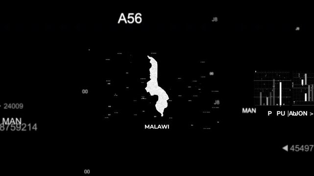 Malawi map animation showcasing economy, infrastructure, technology, population, energy, trade, and national development data for presentations, films, documentaries, and motion graphics.