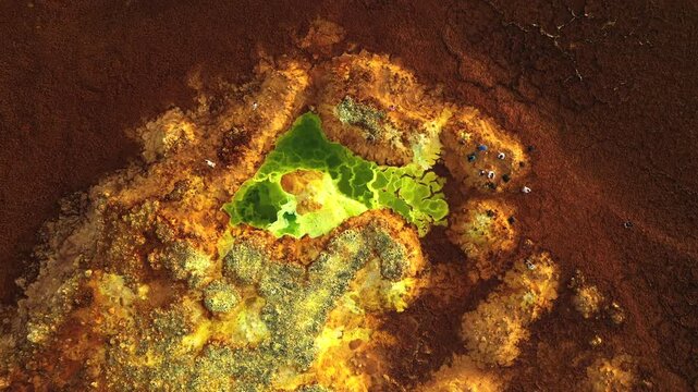 Aerial view of vibrant geothermal pools and mineral deposits in the Dallol volcanic region Dalol, Afar, Ethiopia.