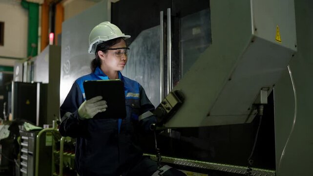 Industrial worker checks a tablet beside heavy machinery inside a manufacturing factory, representing industrial technology, machine monitoring, workplace safety, and production operations.