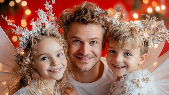 Festive family portrait with father and children in angelic costumes celebrating christmas