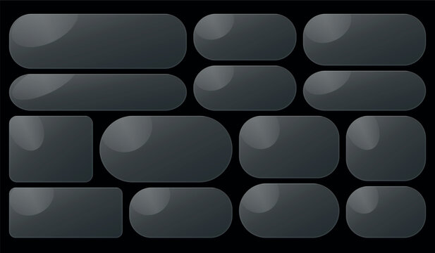 Futuristic dark glassmorphism smartphone widget collection, 3D sleek black liquid glass UI panels, glossy dark mode mobile application buttons, modern rounded geometric web frame elements, luxury shin