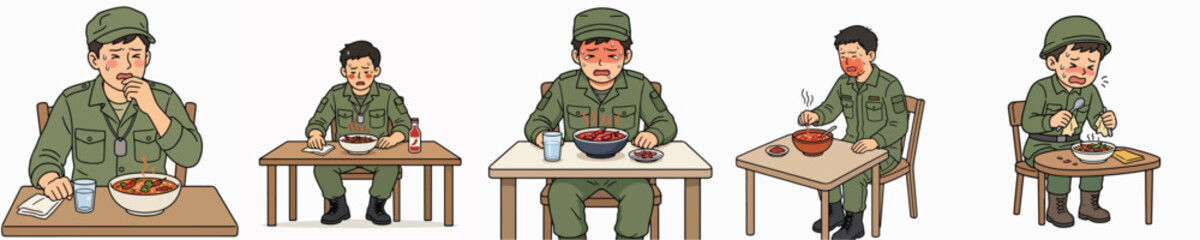 Naklejka premium Set of male soldier vector illustrations showing a spicy reaction and sweating from spicy food.