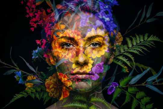 Retrato m&iacute;stico surrealista de una hermosa mujer con flores vibrantes y helechos en doble exposici&oacute;n sobre su rostro