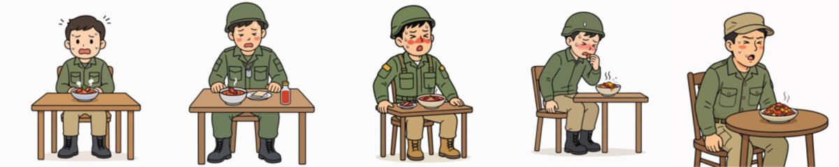 Naklejka premium Set of male soldier vector illustrations showing a spicy reaction and sweating from spicy food.