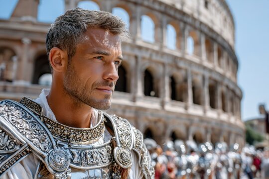 Historical reenactor in Roman armor near the Colosseum during a sunny day in Italy