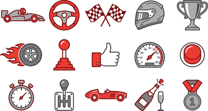 Motorsport racing icon set featuring sports car steering wheel checkered flags helmet trophy and speedometer elements.