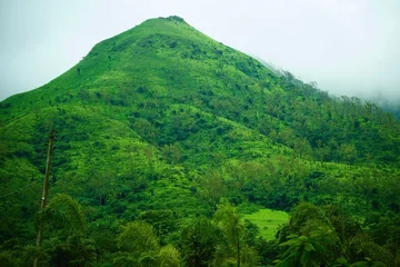 Fototapete Grün Green mountain range overlooking a village beneath a cloudy sky  © Sandeep