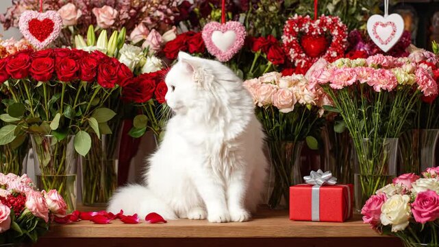 White fluffy cat sitting among Valentine roses and gifts