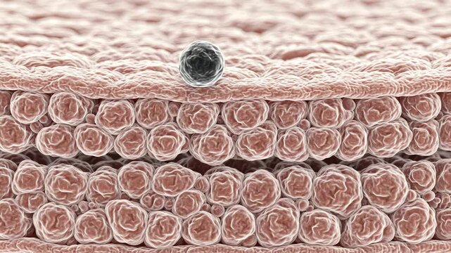 Two stable layers of human skin cells connected in an orderly tissue structure, with one small spherical immune cell slowly approaching the tissue surface