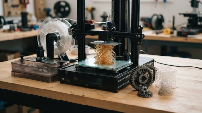 Desktop printer, filament spool, resin vat, build plate, and printed gear for additive manufacturing
