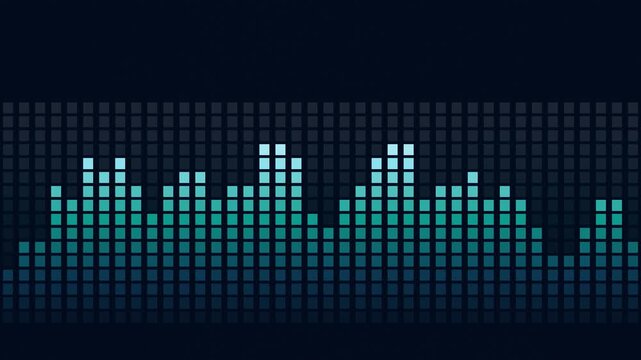 Seamless loop: animated audio spectrum equalizer bars glow in aurora teal gradient on dark grid. Sound wave visualization pulses rhythmically. Music frequency analysis and entertainment.
