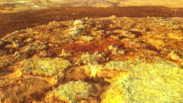 Aerial view of the vibrant yellow and orange mineral deposits and salt formations of the Dalol geothermal area in Dalol, Afar, Ethiopia.