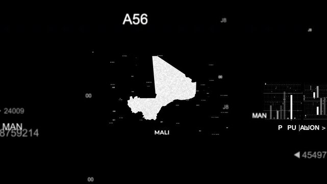 Mali map animation showcasing economy, infrastructure, technology, population, energy, trade, and national development data for presentations, films, documentaries, and motion graphics.