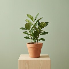 Fototapeta premium Potted Plant with Dark Green Leaves on Wooden Block against Sage Green Background