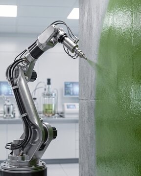 Biopainting: Robot applying living paint containing bacteria for sustainable architecture in a laboratory.