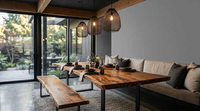 Luxury dining room with a live-edge wooden table.