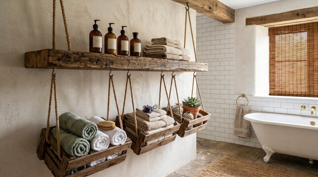 Rustic bathroom with floating shelf, rope-suspended crates, and reclaimed wood.