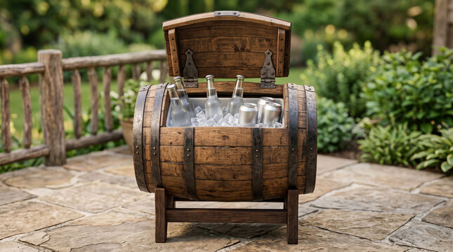 Rustic oak wine barrel treasure chest beverage cooler.