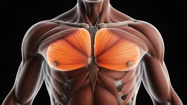 Anatomical 3D model showing male chest and shoulder muscle structure.