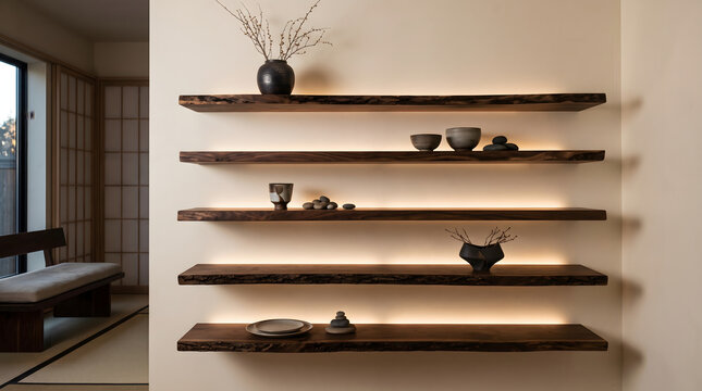 Bookshelf made of reclaimed wood, featuring live-edge shelves and built-in LED lighting.