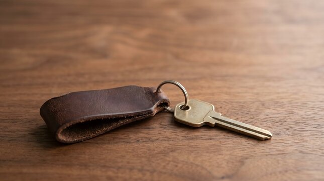 Single key with plain leather fob on wooden surface, quiet luxury and understated ownership concept