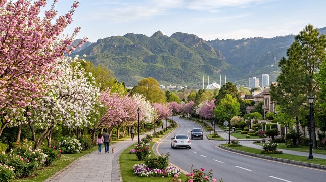spring cherry blossoms islamabad pakistan street road mountains margalla hills faisal mosque cityscape urban neighborhood suburb residential trees flowers blossom pink white green