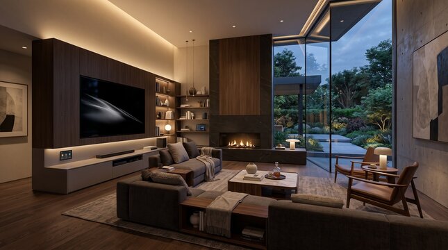 modern living room luxury interior design contemporary family room custom wood media wall built tv console large flatscreen tv ambient led strip lighting recessed ceiling lights