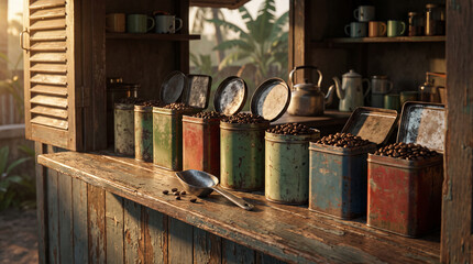 Fototapeta premium Vintage coffee storage canisters lined up on a wooden counter with natural sunlight.