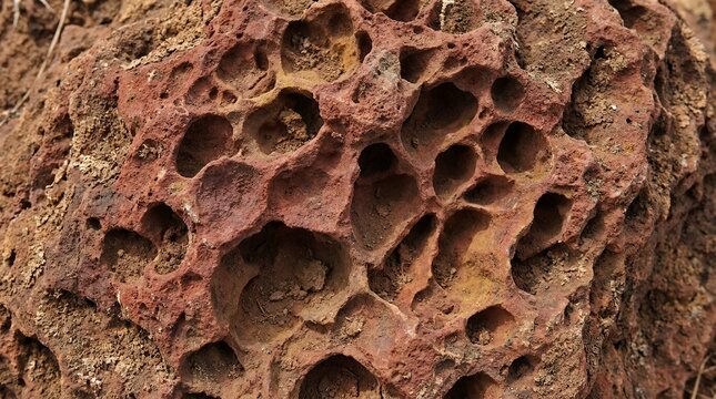 Spongy brick red mineral stone surface structure exhibiting an organic earthy tint Spongy brick red mineral stone surface structure exhibiting an organic earthy tint porous laterite rock surface